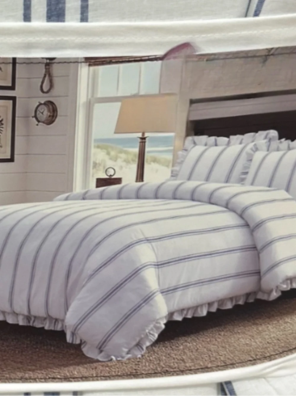 Brooks Brothers White and Blue Striped Queen Comforter Set with Ruffle Trim